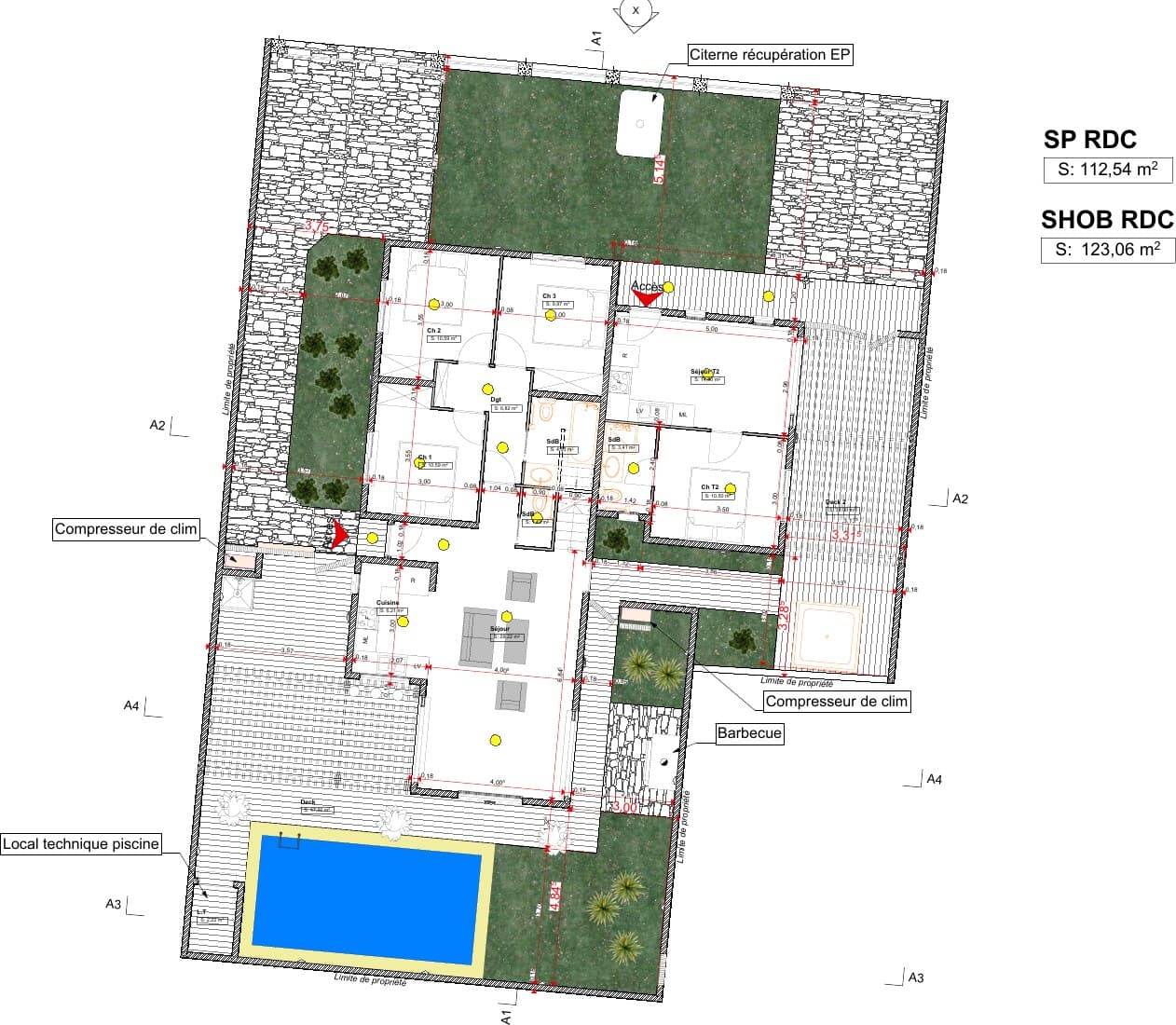 Plan du rez-de-chaussée : la Villa Jasmin, la Villa Phéron et la piscine